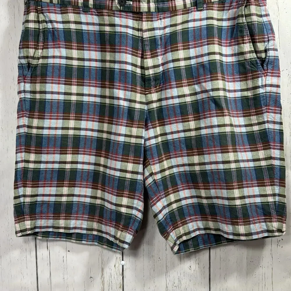 Brooks Brothers Mens Linen Blend Chino Flat Front Plaid Casual Pockets
